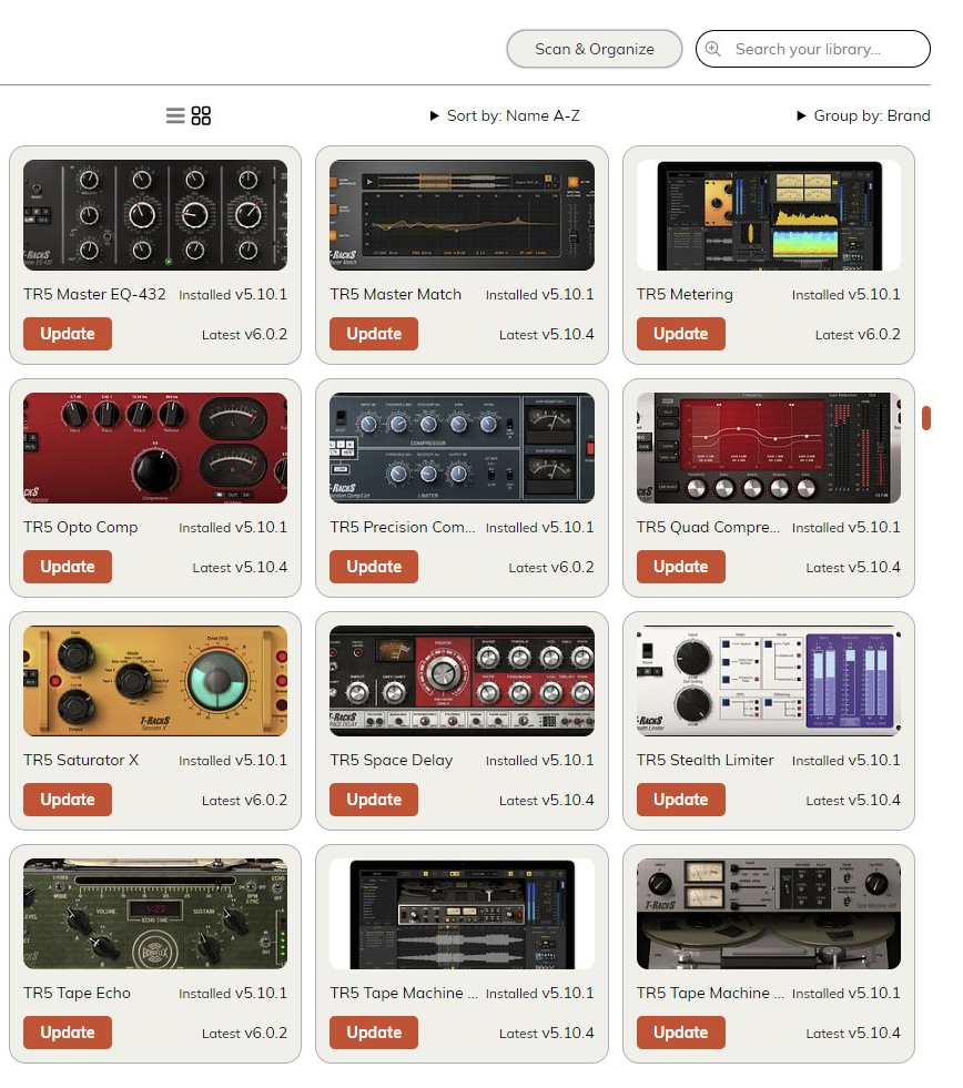 Sonisto app UI showing Scan and Organize tools, search bar, grid/list toggle, and plugins available for update.