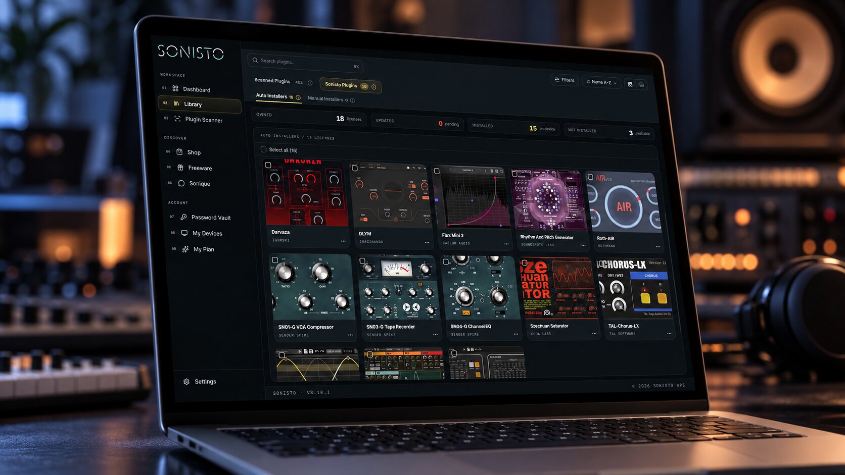 Sonisto desktop app open on a laptop in a music studio, showing a library of installed plugins