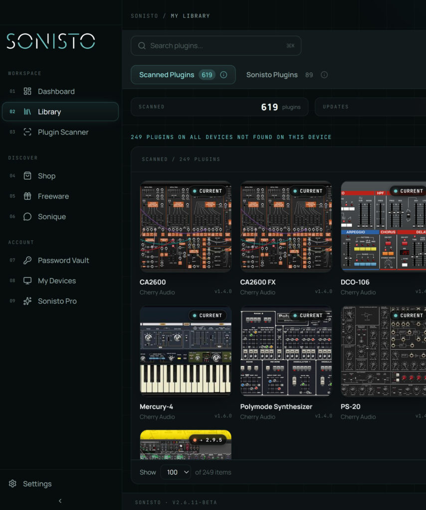 Sonisto desktop app library listing scanned plugins, with 249 plugins found on other devices but not on this one
