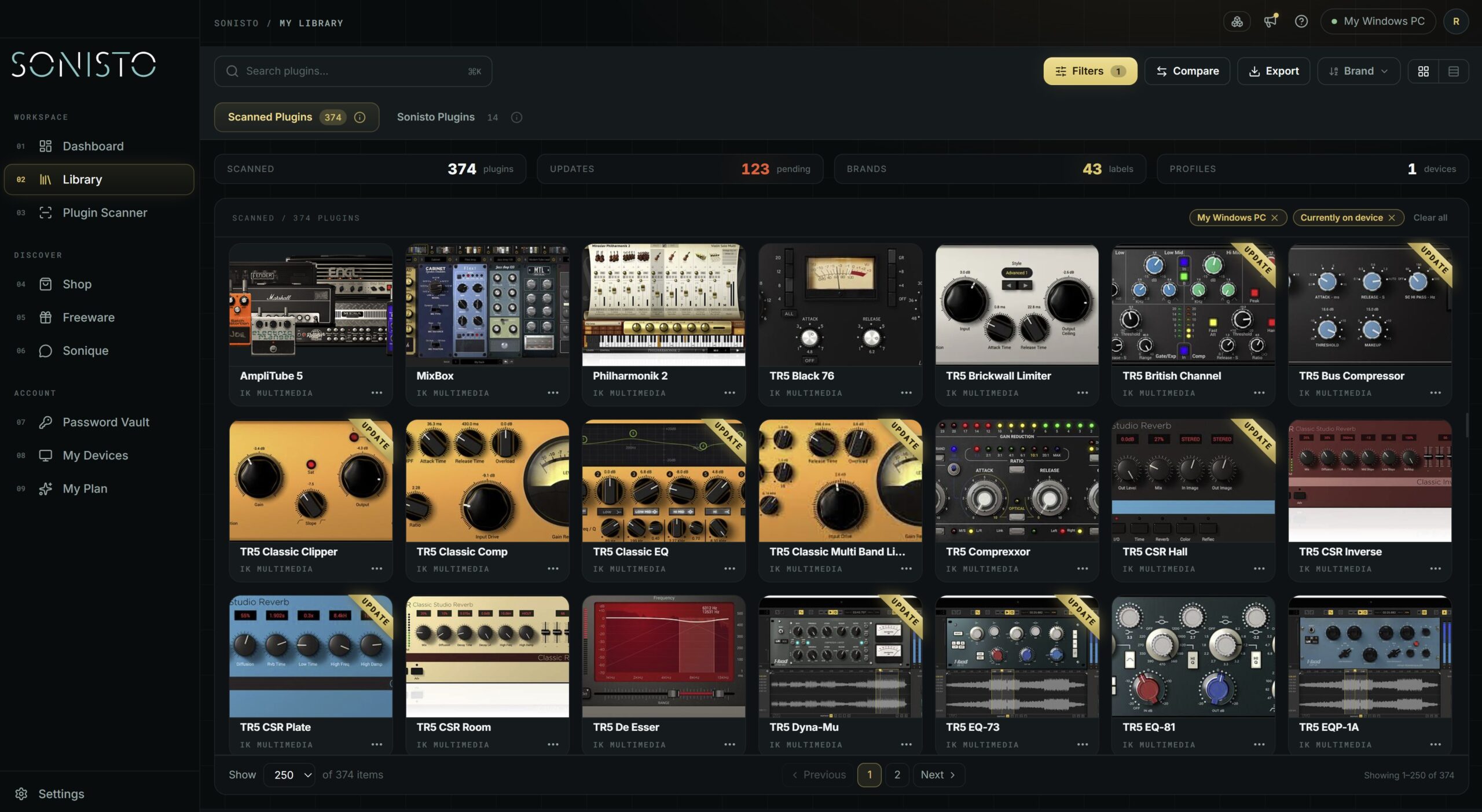 Sonisto plugin library: 374 scanned plugins from 43 brands, 123 of them with an update available