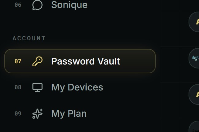 Sonisto desktop app menu with Password Vault selected